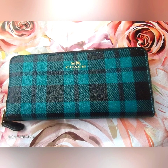 Coach Handbags - Coach Long Zip Around Wallet Teal/blk plaid EUC